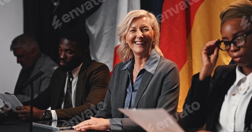 Preview: Summit, politics or happy woman with group, delegation or international government panel