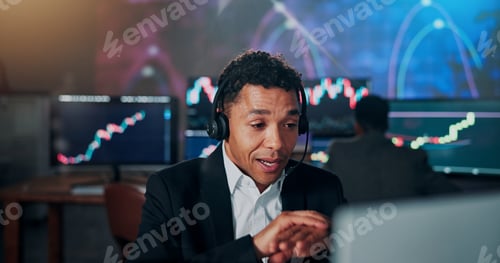 Preview: Businessman, trading and discussion with headset at office with consulting