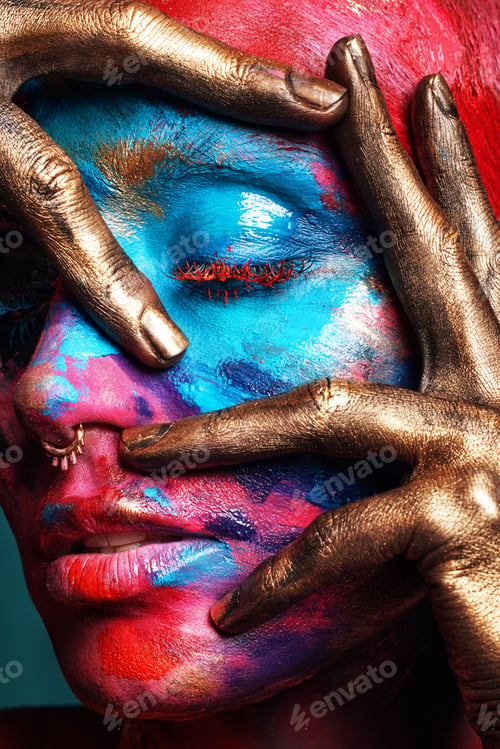 Preview: Paint, eye and rainbow with woman and hands for cosmetics, art deco and makeup aesthetic