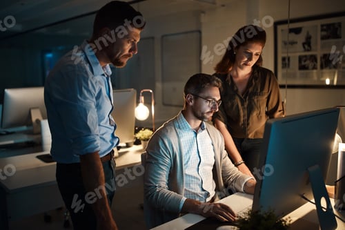 Preview: Night, business people or brainstorming with computer in office, prototype deadline