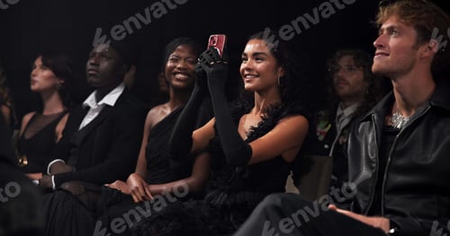Preview: Fashion show, phone and people at runway for picture with branding, clothing collection