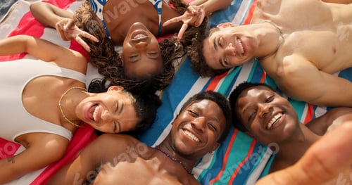 Preview: Portrait, selfie and happy people at beach with peace sign, diversity and bonding for summer