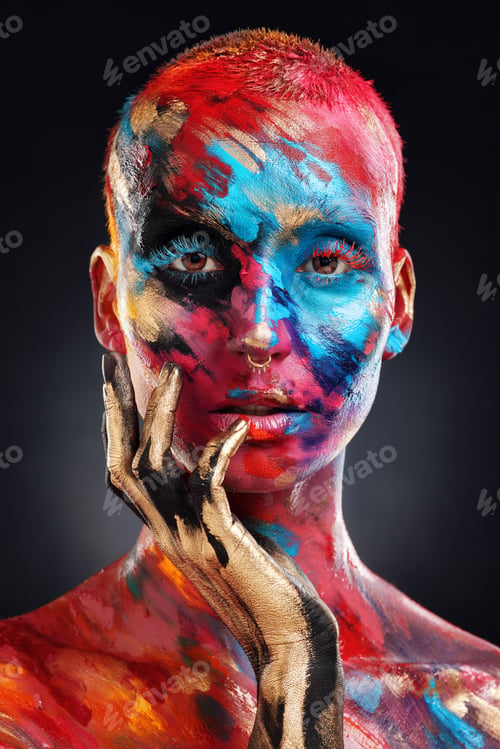 Preview: Paint, art and makeup with portrait of woman in studio for self expression