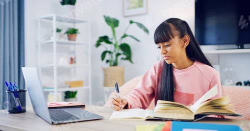 Preview: Girl, student and writing in home for online course, review and prepare notes for high school exam