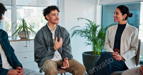 Preview: Psychology, man and happy with talking in group therapy for healing, addiction recovery and support