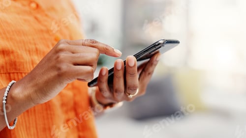 Preview: Hands, phone and woman in home, internet for social media and digital app for communication