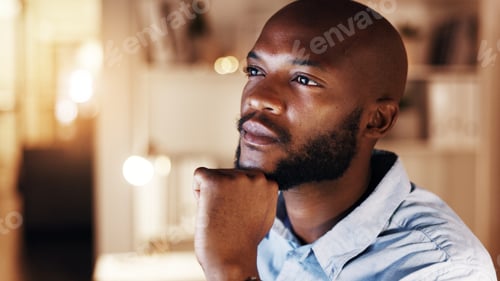 Preview: Serious, businessman and thinking at night in office, risk assessment and plan for investment