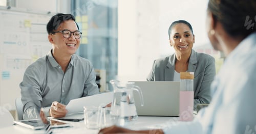 Preview: Business people, laptop and meeting with smile for document, proposal or accounting report