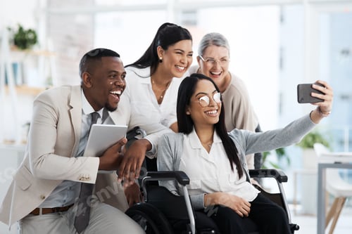 Preview: Office, team and selfie with businesswoman, wheelchair and smile for picture or social media memory