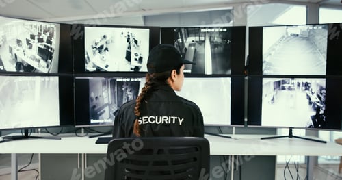 Preview: Back, woman and security guard in control room for surveillance, observation or safety compliance