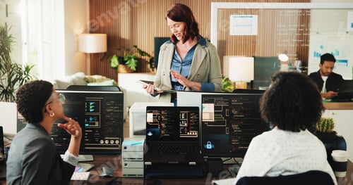 Preview: Developer, meeting and tablet with business people in office for data system analyst