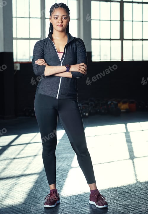 Preview: Crossed arms, fitness and portrait of woman in gym for exercise, training and ready for workout