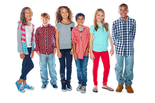 Preview: Fashion, portrait and children in studio with smile, youth aesthetic and simple outfit in kids