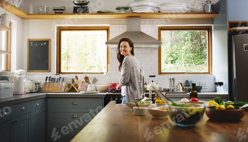 Preview: Woman, cooking and happy with portrait in kitchen for pasta, organic ingredients
