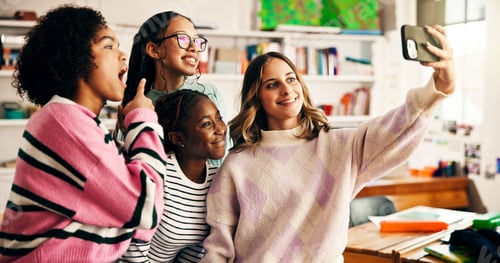 Preview: Happy girls, students and group selfie in classroom for photography, picture or memory together