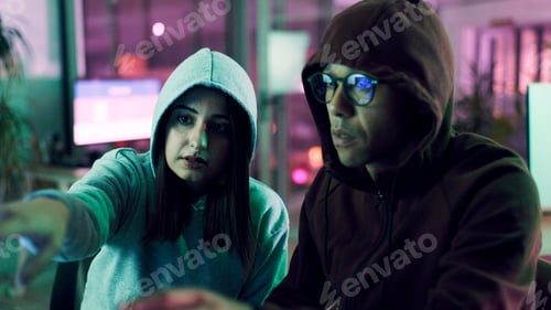 Preview: Cyber crime, data theft and pointing with hacker people in neon office at night for phishing scam