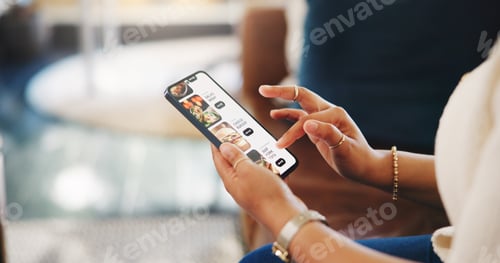 Preview: Hands, phone screen and food delivery app in home with choice, scroll and online shopping in living