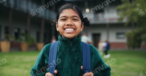 Preview: Outdoor, portrait and child with backpack for education, learning or confident with academic growth