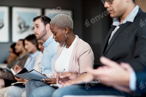 Preview: Businesswoman, writing and audience in seminar for presentation, learn or wealth management