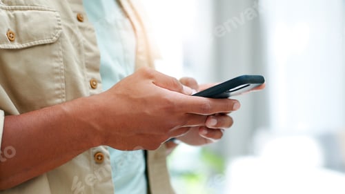 Preview: Hands, phone and typing with designer person in office for communication, feedback or text message