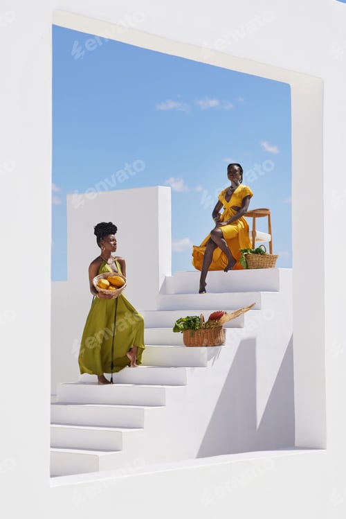 Preview: Aesthetic, organic fashion and sustainability with black women outdoor for elegance