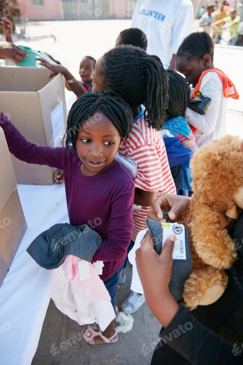 Preview: Children, line and boxes with charity for donation, poverty outreach or volunteering in rural area
