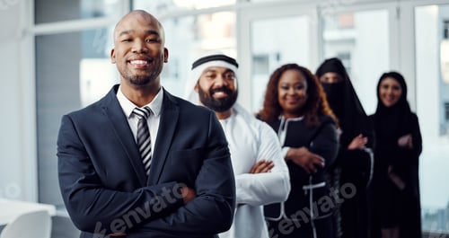 Preview: Arms crossed, mission and portrait of business man in office for team building