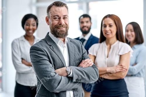 Preview: Portrait, employees or man with arms crossed in office, finance career or leadership in trading