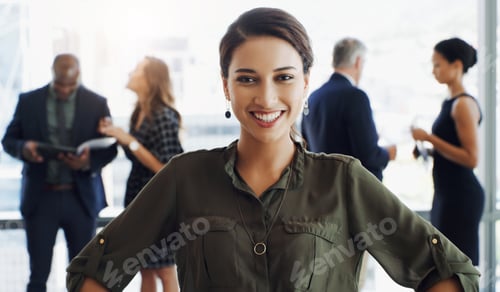 Preview: Leader, portrait and woman with smile, meeting and publicist with pride, group and public relations