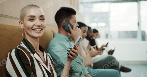 Preview: Business people, woman and portrait with phone in waiting room for interview, hiring or online CV