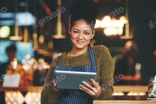 Preview: Cafe, barista and woman with tablet, portrait and digital reservation on website
