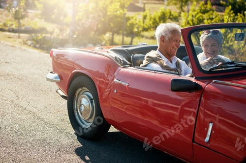 Preview: Driving, happy or elderly couple in sports car for anniversary holiday, countryside journey