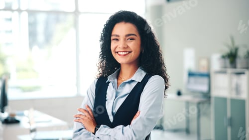 Preview: Arms crossed, portrait and smile of business woman in office for career