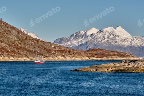 Preview: Mountain, sailing and boat in lake for fishing, sea travel and local marine industry for maritime