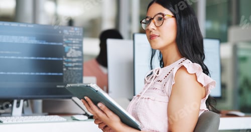 Preview: Thinking, woman and tablet for programming in office with research, planning and coding