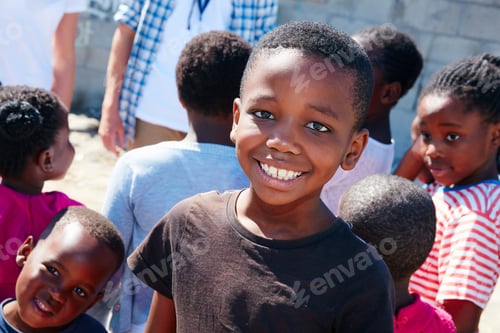 Preview: Portrait, outreach and smile with boy outdoor for education drive, community service