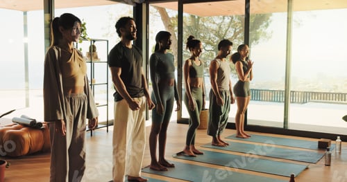 Preview: Fitness, holistic health and people in yoga class together for start of wellness routine