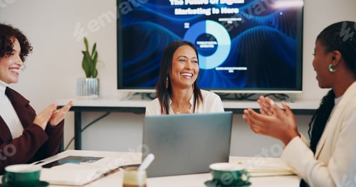 Preview: Business women, applause and praise with CEO for company performance, marketing goal or milestone