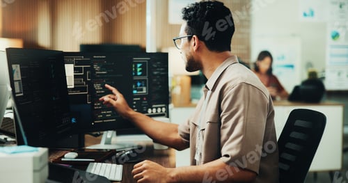 Preview: Computer, code and programmer with business man in office for web developer, research or database