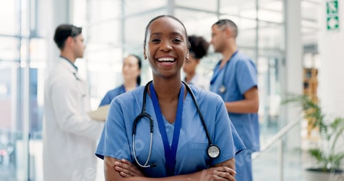 Preview: Woman, meeting and portrait of happy nurse in hospital for medical support, wellness and help