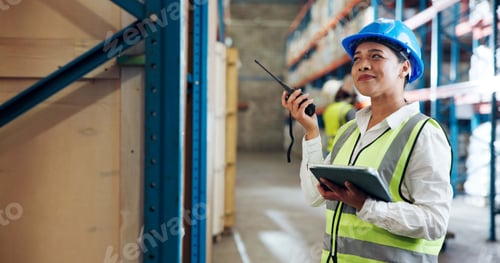 Preview: Happy woman, logistics and radio with tablet in warehouse for stock control or inventory in depot
