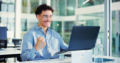 Preview: Celebration, fist pump and man with laptop in office for funding opportunity, good news and excited