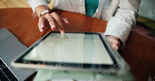 Preview: Tablet, typing and hands of woman in home for planning, project proposal and research