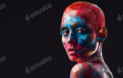 Preview: Dramatic, portrait or woman with face paint in studio for self expression