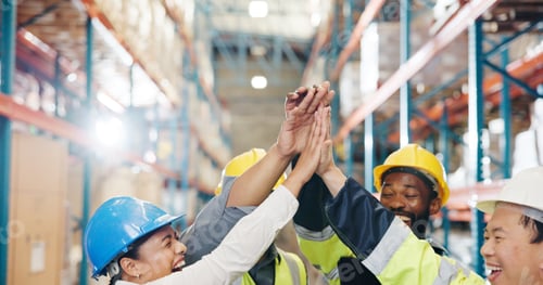 Preview: High five, manufacturing and people in factory, smile and excited with distribution target