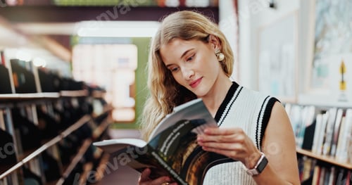 Preview: Girl, student and happy with reading book in library for learning, project