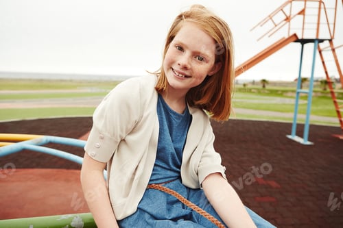 Preview: Portrait, kid and girl in park, smile and fun with happiness, vacation and weekend break