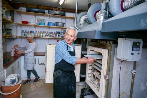 Preview: Ceramic, process and old people in workshop with oven, skills or creative hobby in retirement