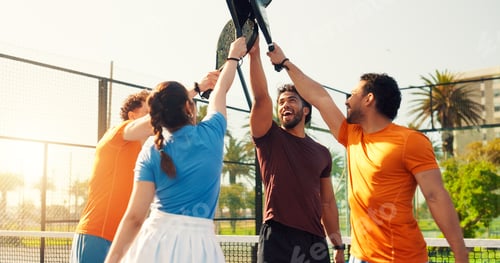 Preview: Padel, happy and friends on court high five for training, practice and start exercise for challenge