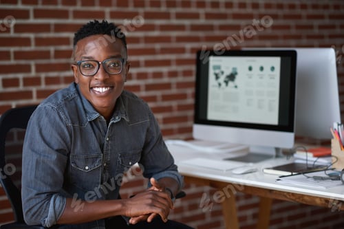 Preview: Portrait, creative and black man in office with smile, development and marketing experience
